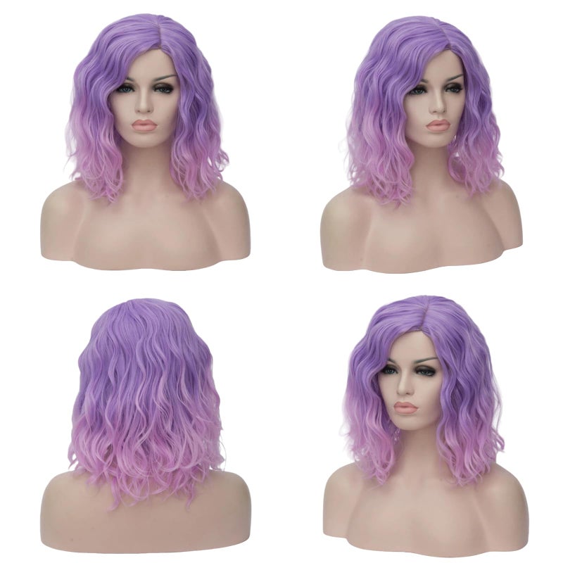 Cying Lin Short Bob Wavy Fun Wig Ombre Pink Purple Wig For Women Colorful Wigs Cosplay Halloween Wigs Heat Resistant Bob Party Wig Include Wig Cap(Pink Purple) - Image 3